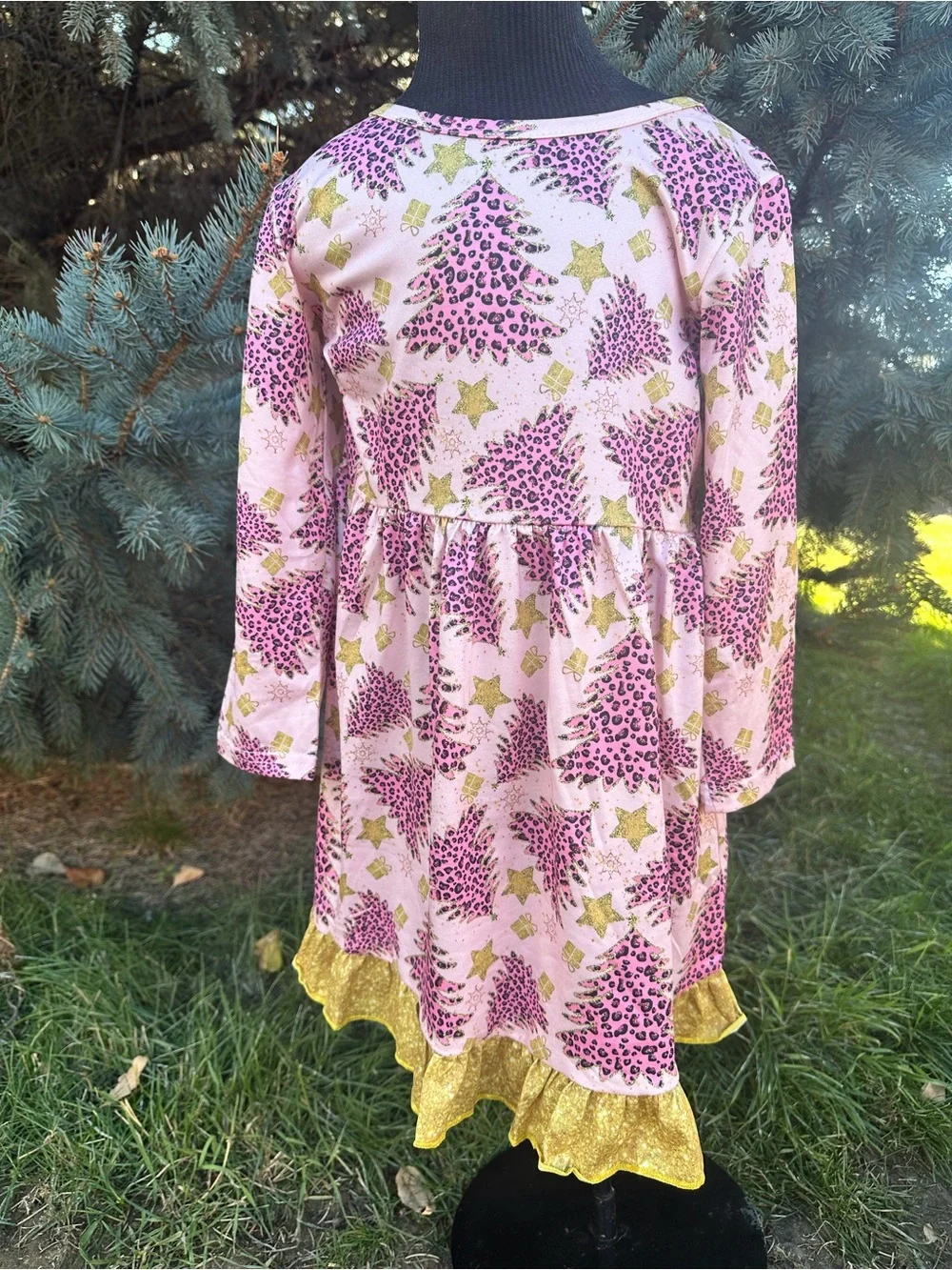 Girls Pink Leopard Tree Holiday Dress with Gold Ruffle